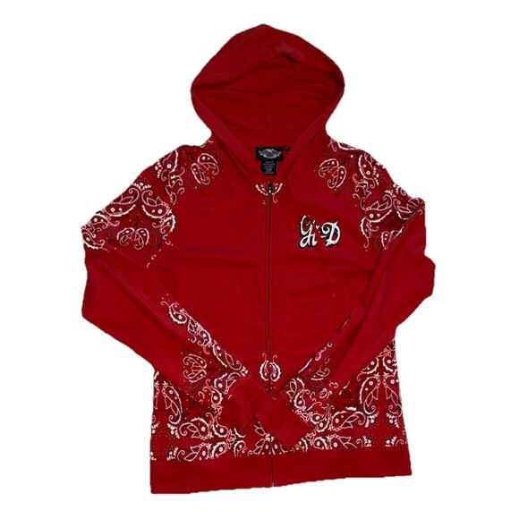 Vintage Harley-Davidson Women’s L Red Zip Graphic BandanaHoodie With Rhinestone - Picture 2 of 9